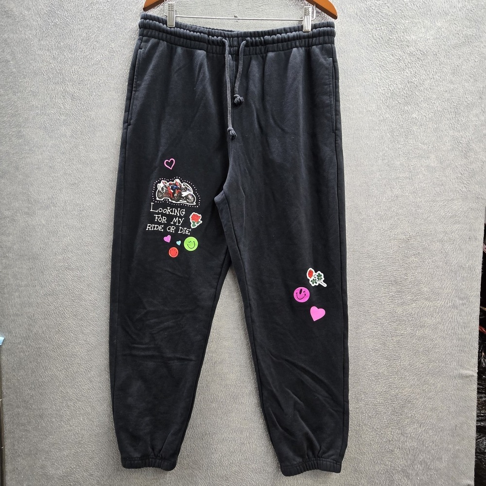 Teddy Fresh Men Pants L Black Embroidered Graphic Sweatpants Fleece‎ Motorcycle